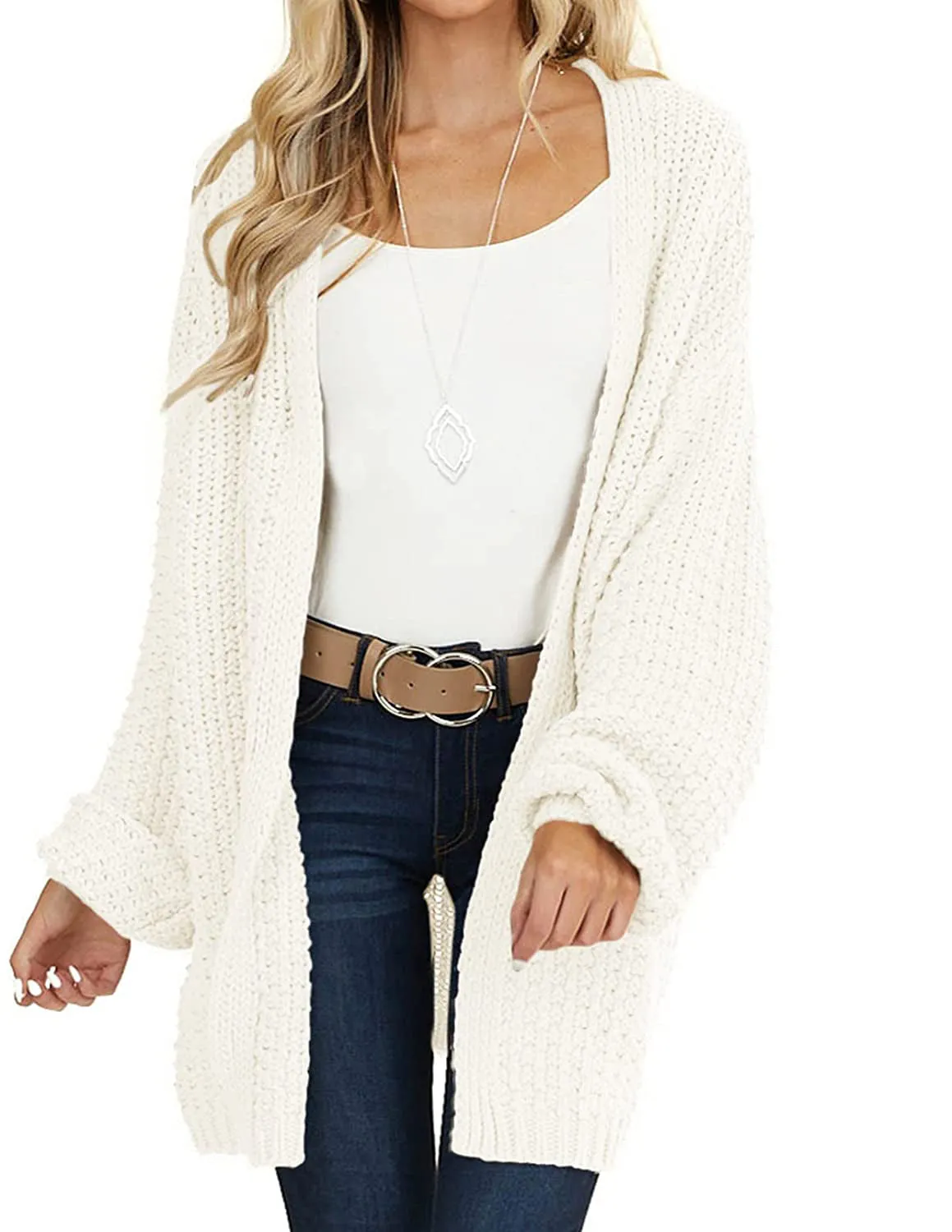 MEROKEETY 2023 Chunky Knit Lantern Sleeve Cardigan
