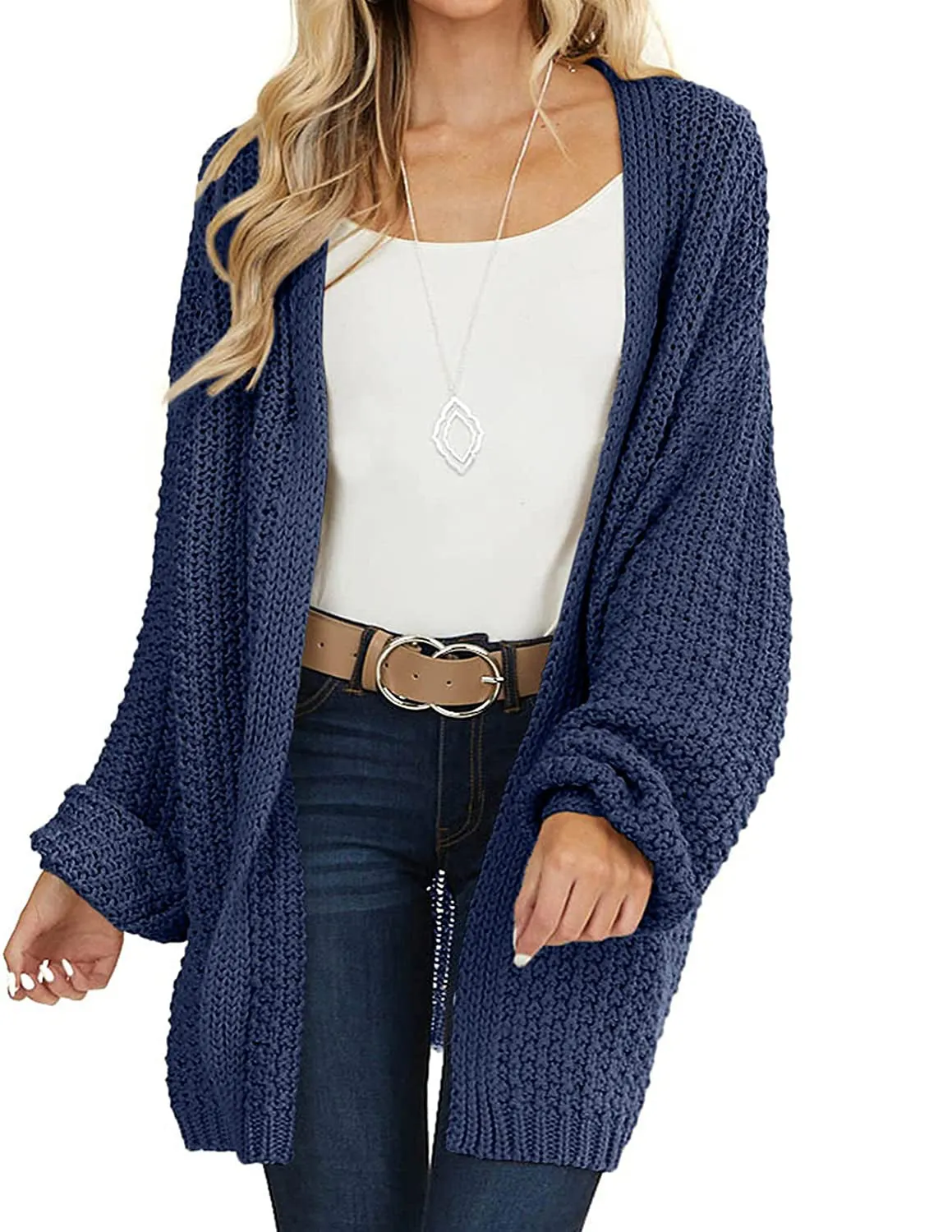 MEROKEETY 2023 Chunky Knit Lantern Sleeve Cardigan