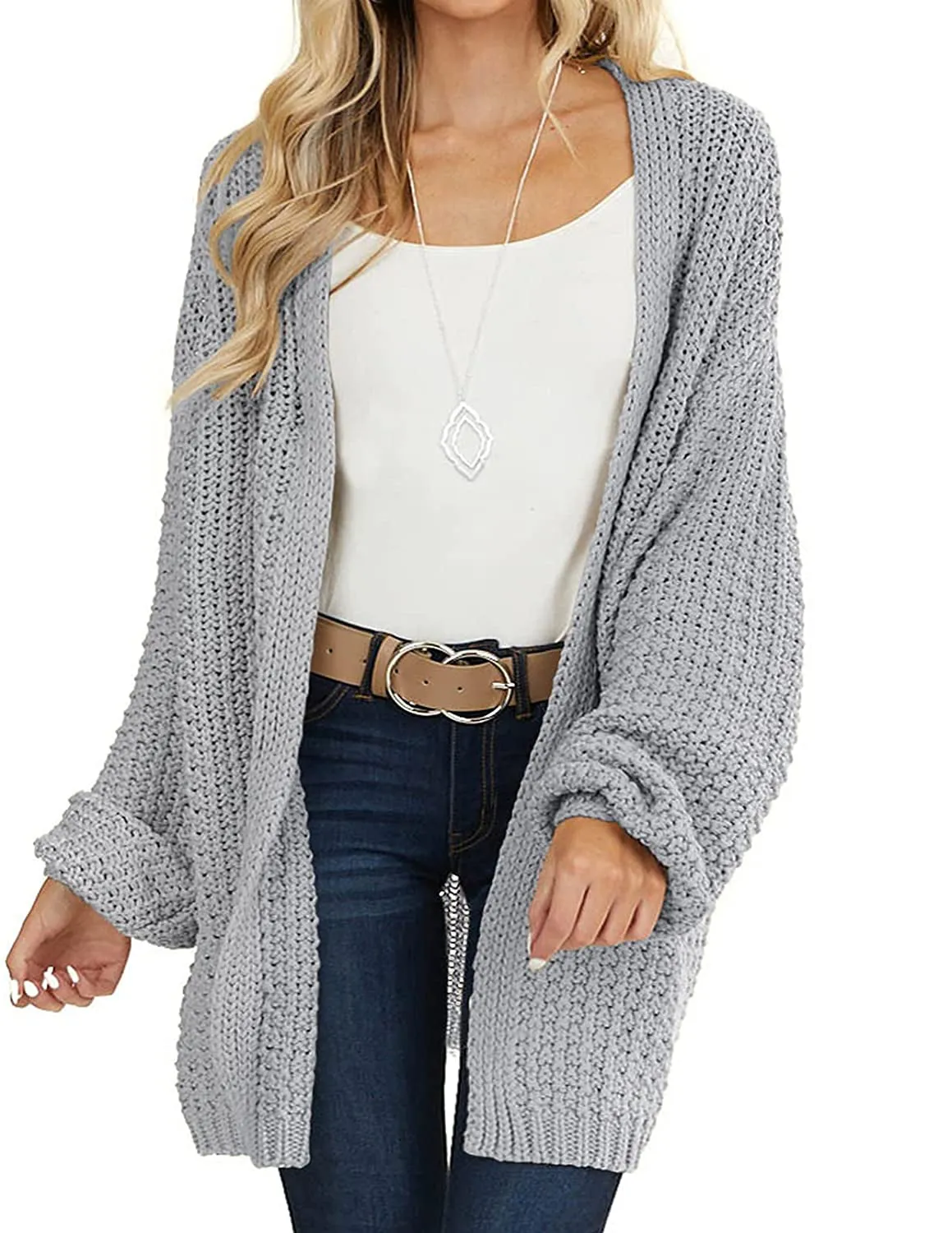 MEROKEETY 2023 Chunky Knit Lantern Sleeve Cardigan