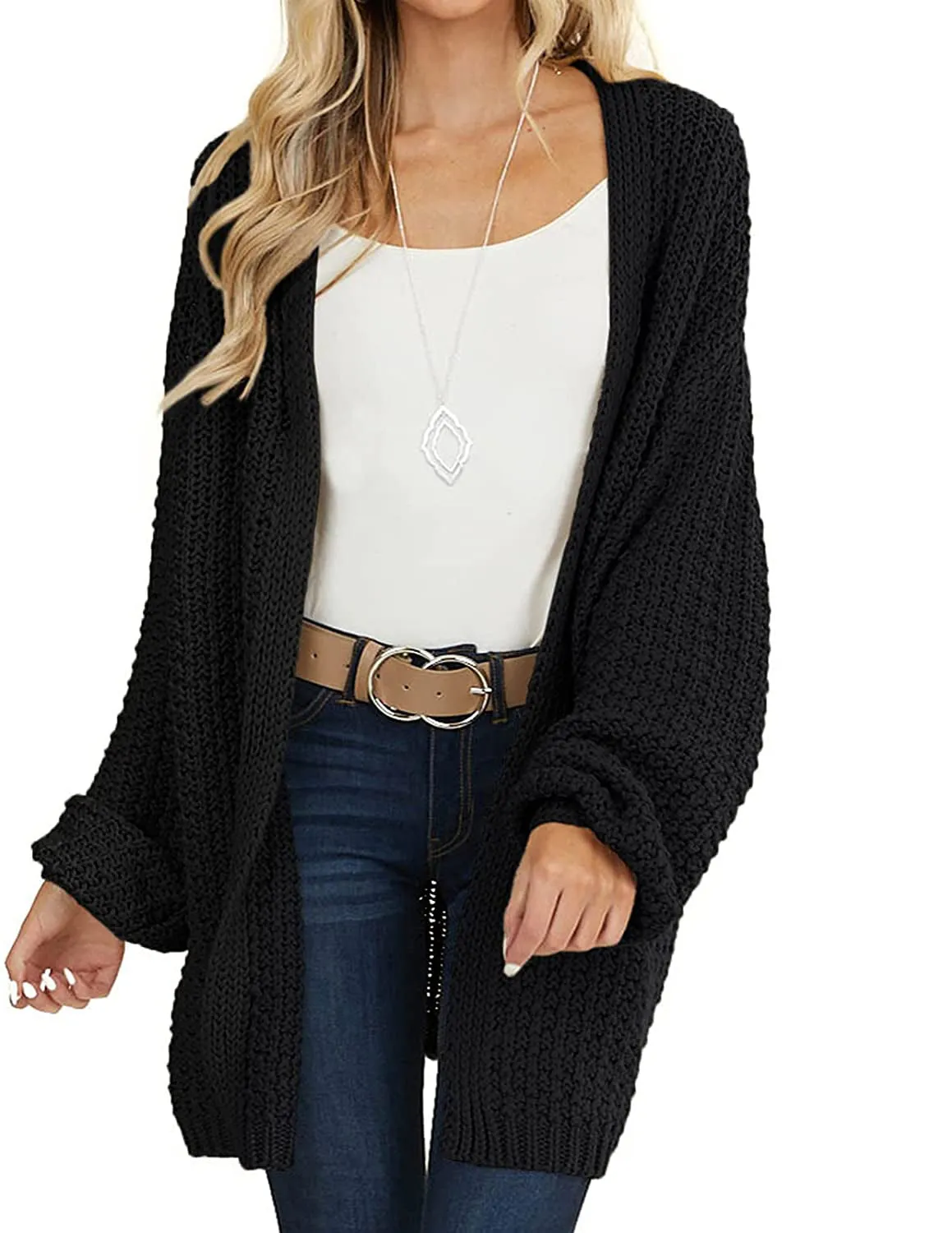 MEROKEETY 2023 Chunky Knit Lantern Sleeve Cardigan