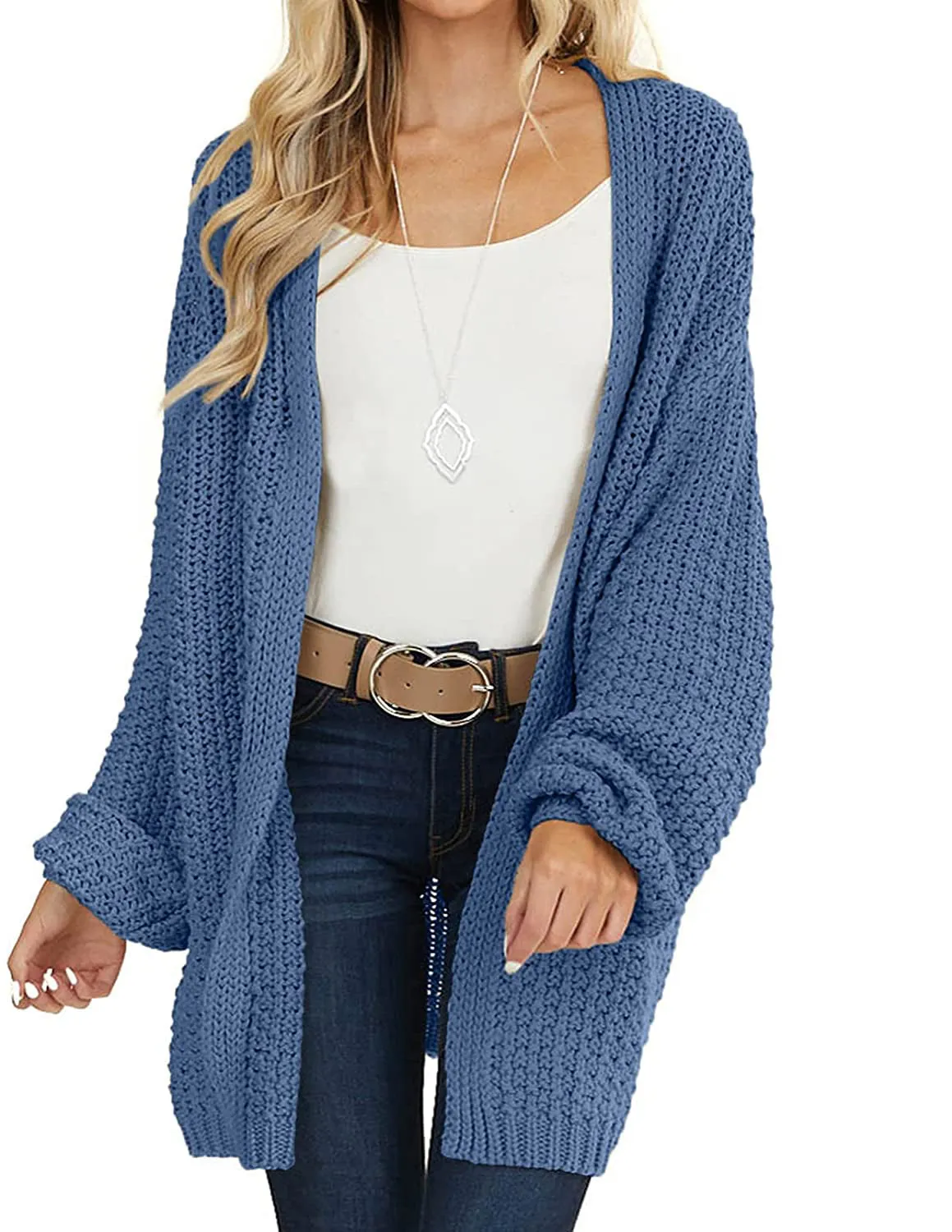 MEROKEETY 2023 Chunky Knit Lantern Sleeve Cardigan