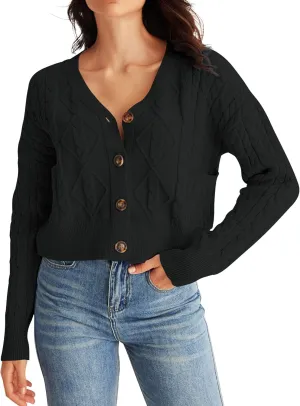 MEROKEETY Women's Long Sleeve Open Front Cable Knit Crop Cardigans V Neck Button Sweaters with Pockets