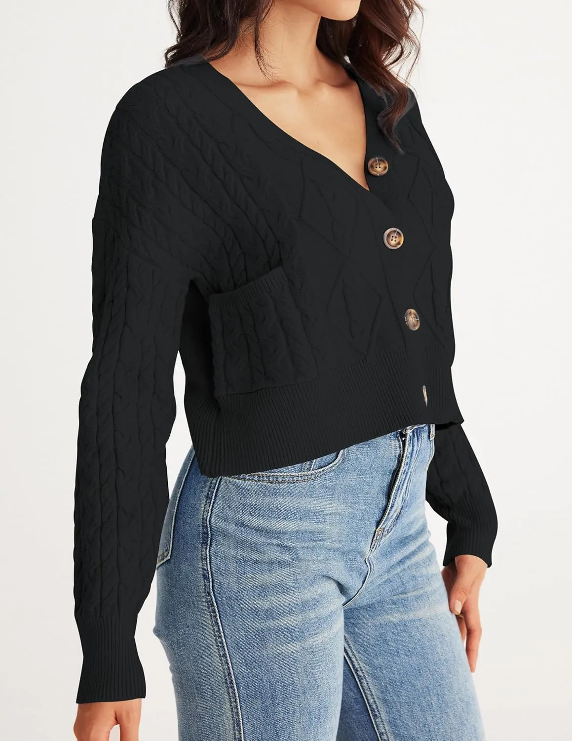 MEROKEETY Women's Long Sleeve Open Front Cable Knit Crop Cardigans V Neck Button Sweaters with Pockets