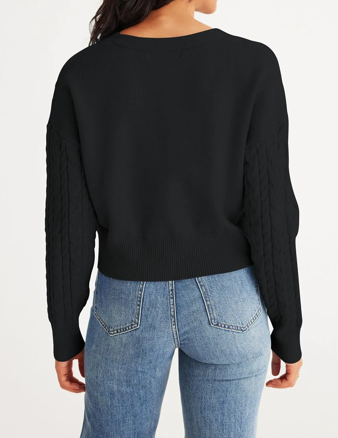 MEROKEETY Women's Long Sleeve Open Front Cable Knit Crop Cardigans V Neck Button Sweaters with Pockets