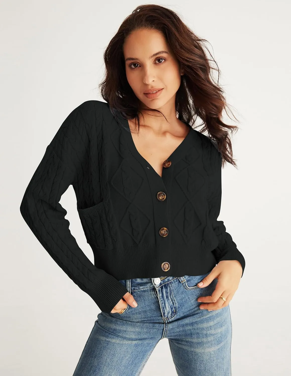 MEROKEETY Women's Long Sleeve Open Front Cable Knit Crop Cardigans V Neck Button Sweaters with Pockets