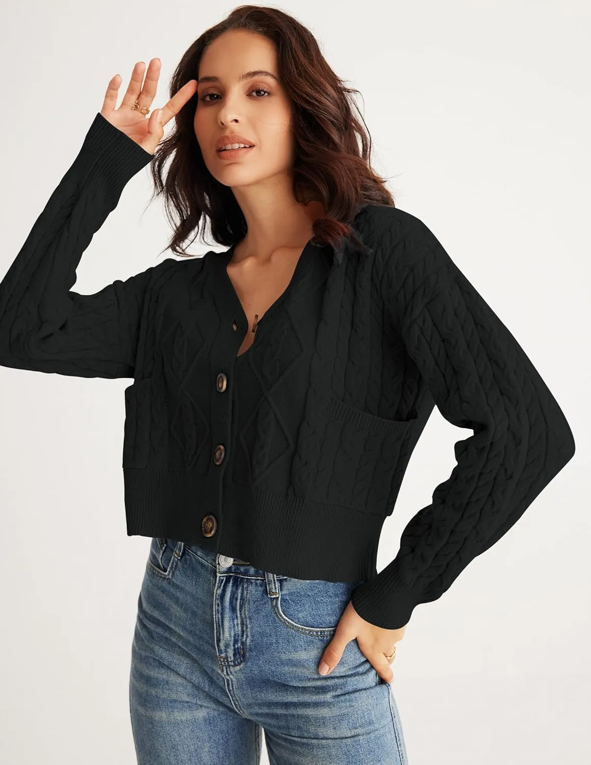 MEROKEETY Women's Long Sleeve Open Front Cable Knit Crop Cardigans V Neck Button Sweaters with Pockets