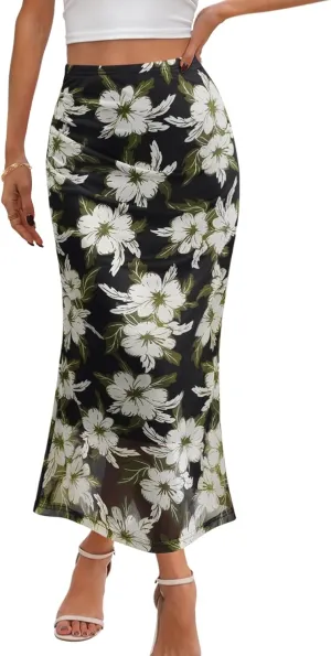 MEROKEETY Women's Summer Floral Mesh Midi Skirt 2025 Casual Trendy High Waist Ruched Boho Skirts