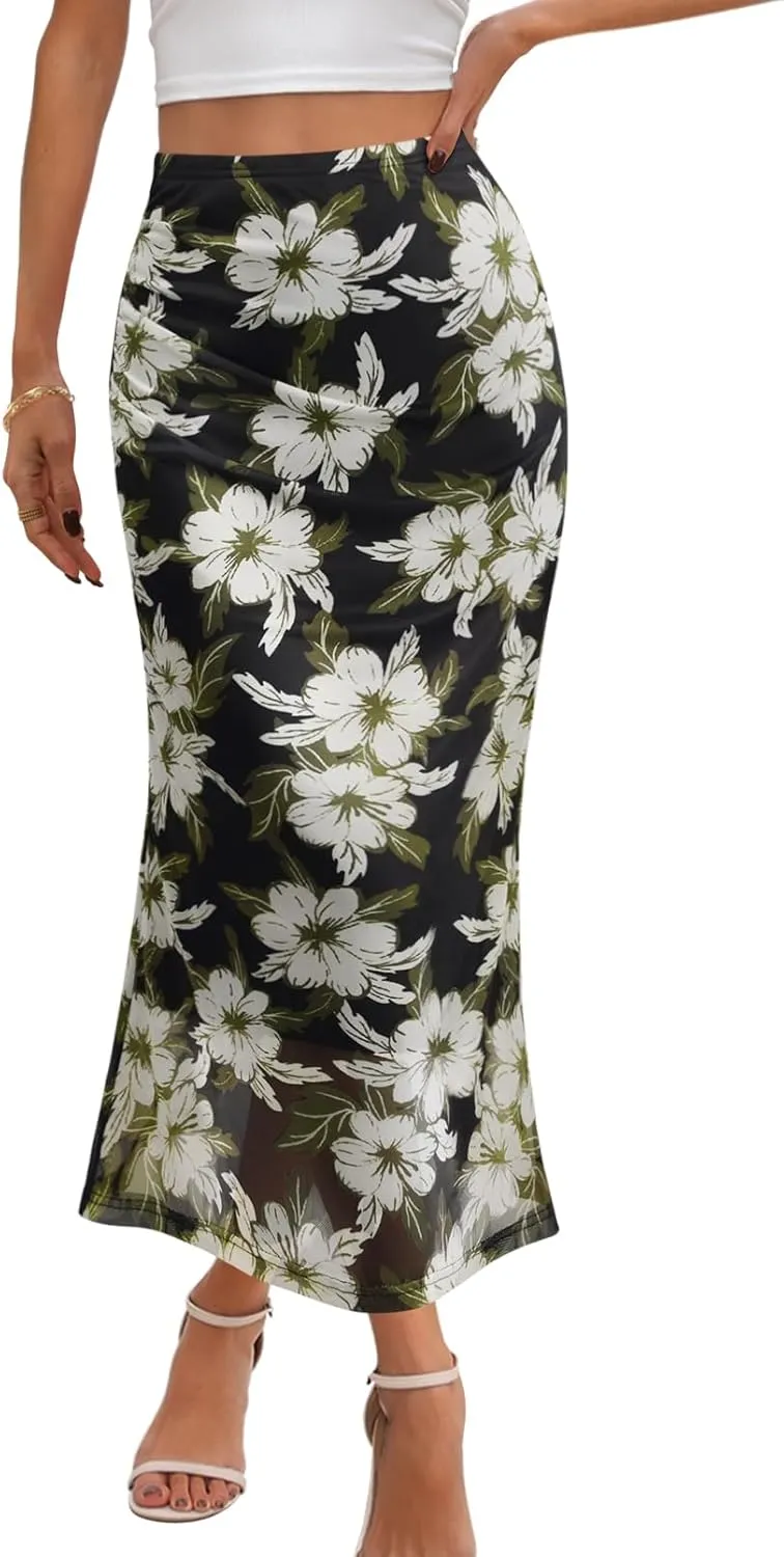 MEROKEETY Women's Summer Floral Mesh Midi Skirt 2025 Casual Trendy High Waist Ruched Boho Skirts