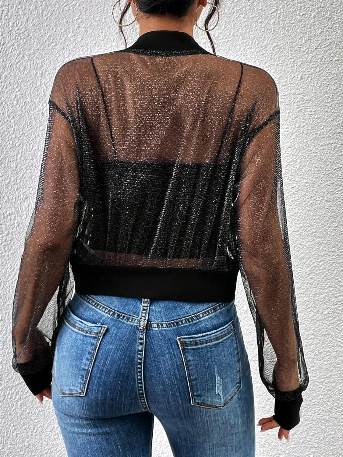 Milumia Women's Sparkly Sheer Mesh Long Sleeve Crop Jacket Light Weigh Zip Up Outwear