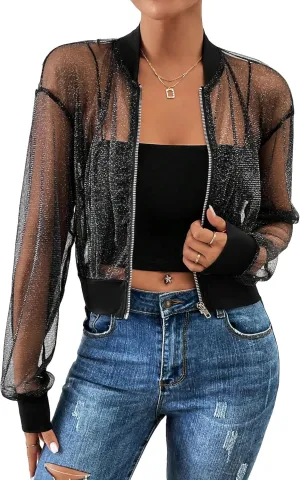 Milumia Women's Sparkly Sheer Mesh Long Sleeve Crop Jacket Light Weigh Zip Up Outwear