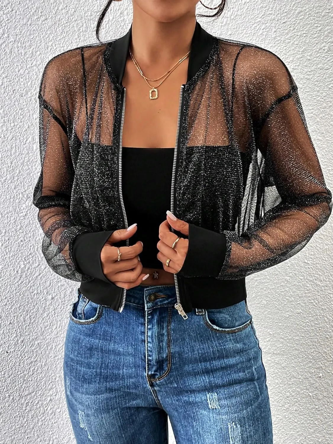 Milumia Women's Sparkly Sheer Mesh Long Sleeve Crop Jacket Light Weigh Zip Up Outwear