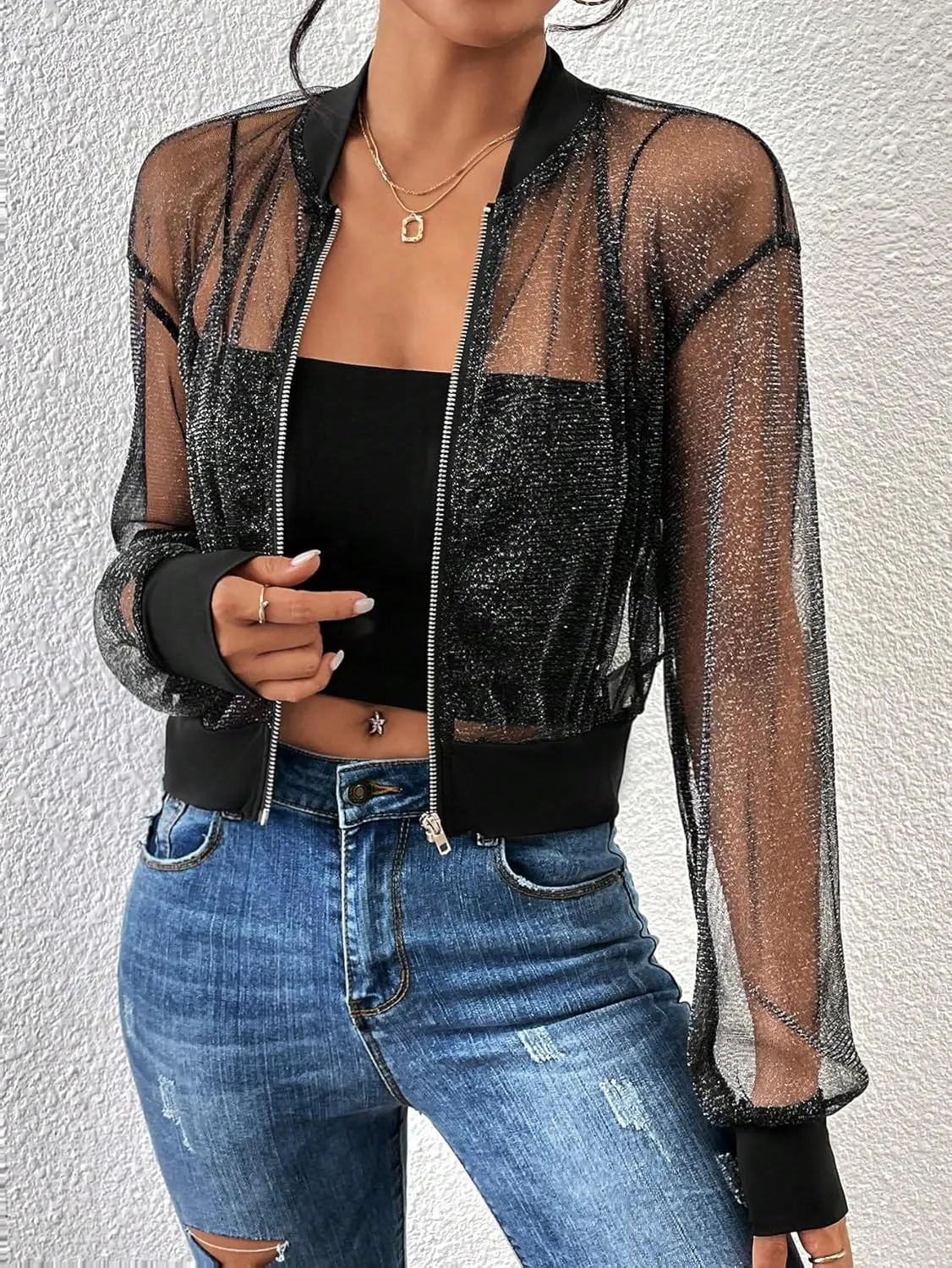 Milumia Women's Sparkly Sheer Mesh Long Sleeve Crop Jacket Light Weigh Zip Up Outwear