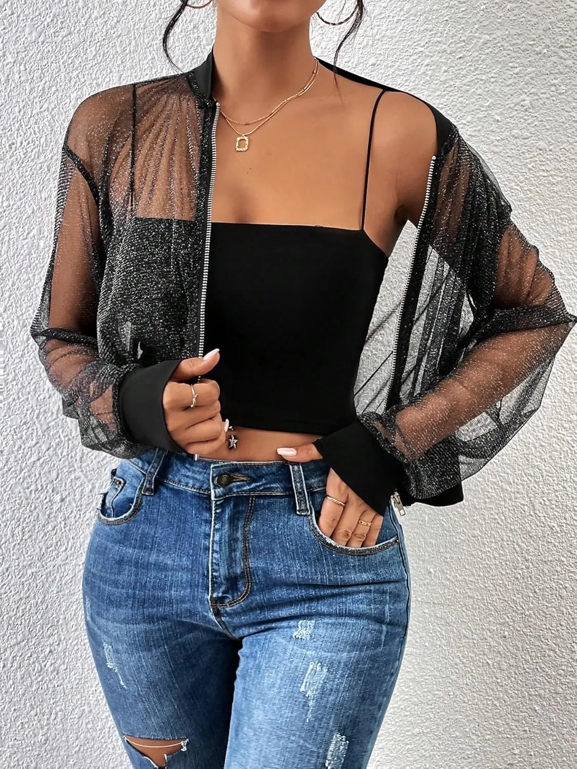 Milumia Women's Sparkly Sheer Mesh Long Sleeve Crop Jacket Light Weigh Zip Up Outwear