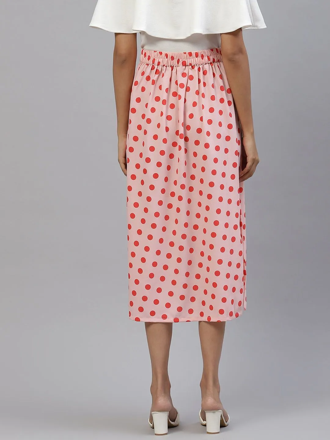 plusS Women Peach-coloured  Orange Polka Dots A-Line Midi Skirt