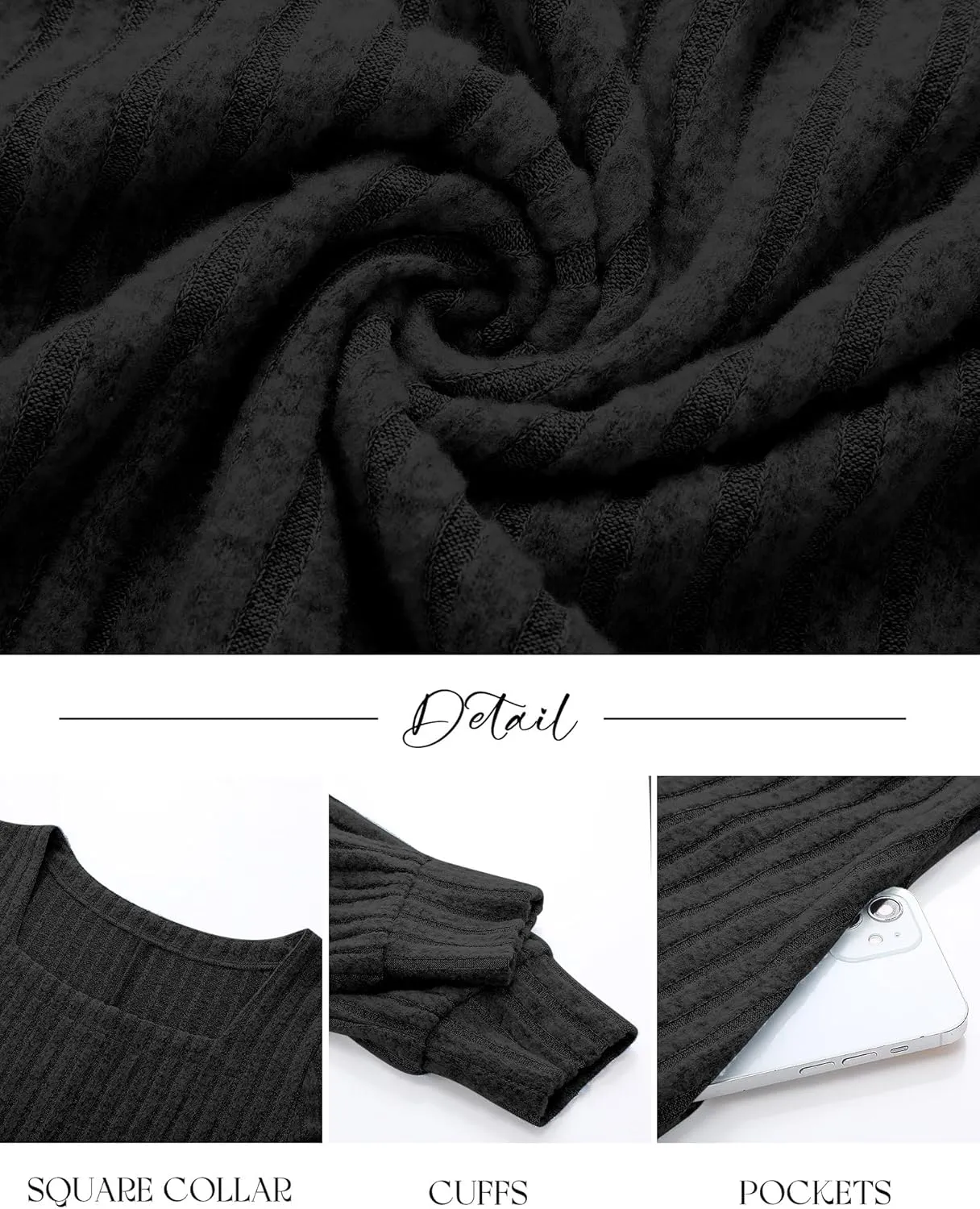 Riyiper Women's Square Neck Sweater Dress Long Sleeve Ribbed Knitted Casual Fall Winter Knee Length Dress with Pocket