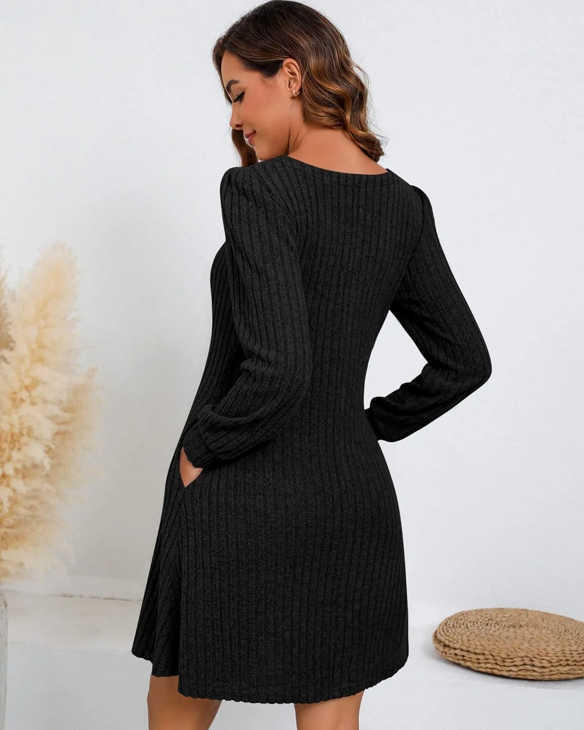 Riyiper Women's Square Neck Sweater Dress Long Sleeve Ribbed Knitted Casual Fall Winter Knee Length Dress with Pocket