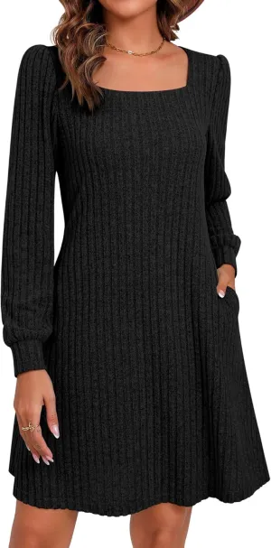 Riyiper Women's Square Neck Sweater Dress Long Sleeve Ribbed Knitted Casual Fall Winter Knee Length Dress with Pocket
