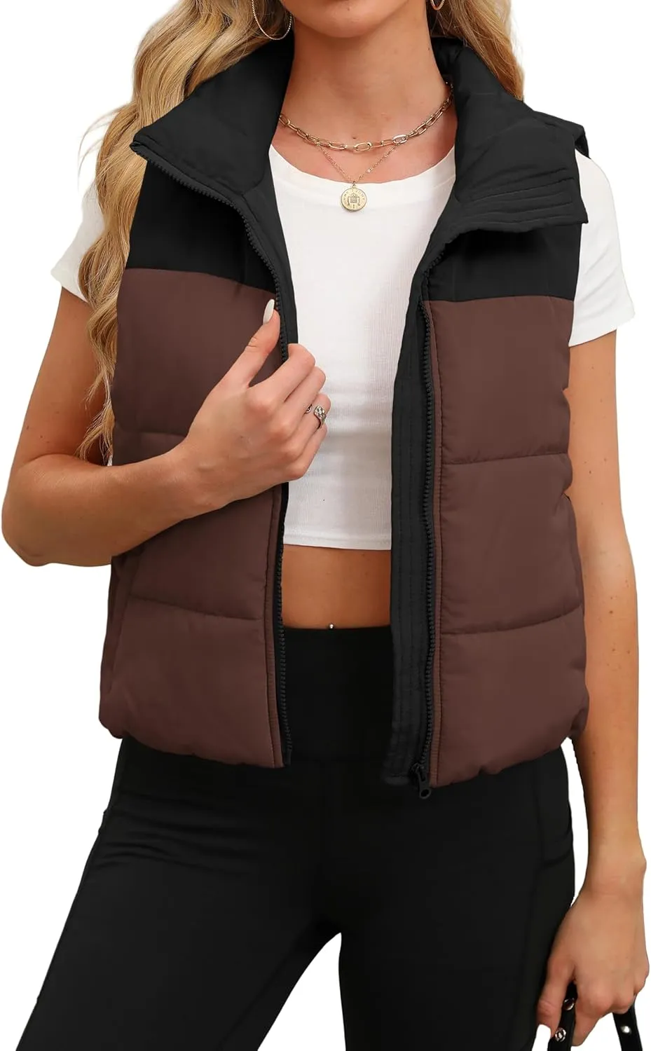 SAMPEEL Puffer Vest Women Cropped Stand Collar Lightweight Padded Outerwear Fall Winter Clothes Warm Zip Up with Pockets