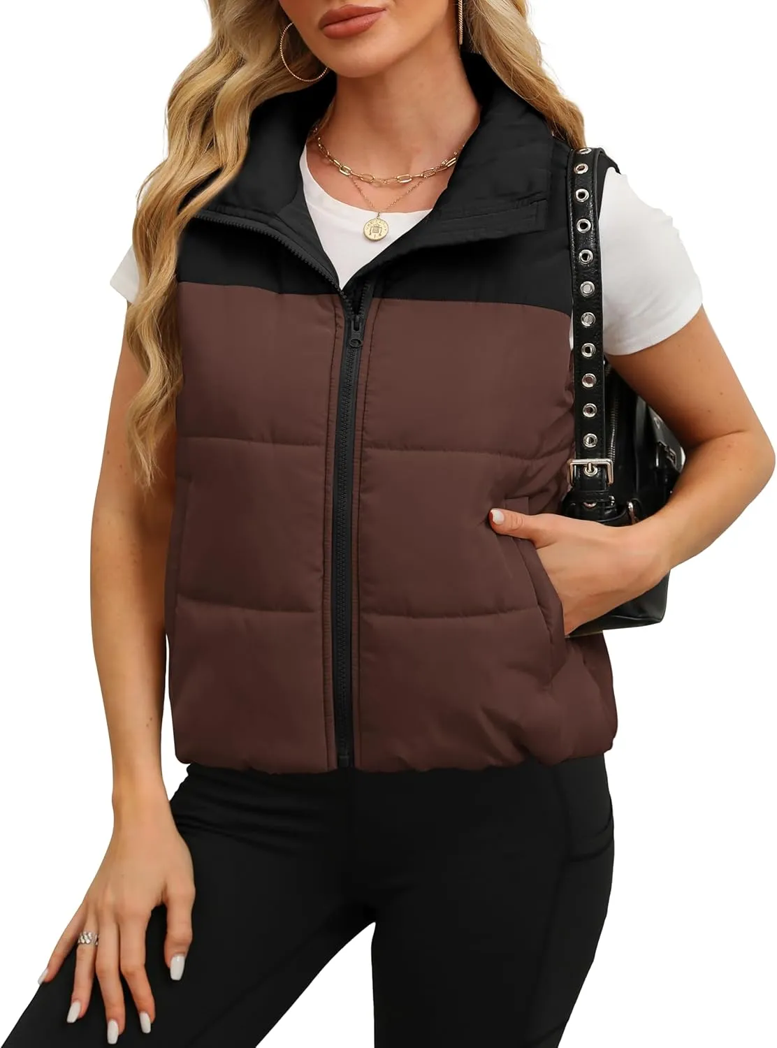 SAMPEEL Puffer Vest Women Cropped Stand Collar Lightweight Padded Outerwear Fall Winter Clothes Warm Zip Up with Pockets