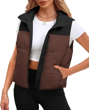 SAMPEEL Puffer Vest Women Cropped Stand Collar Lightweight Padded Outerwear Fall Winter Clothes Warm Zip Up with Pockets