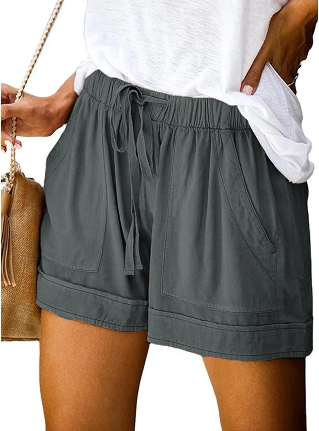 SHAOBGE Plus Size Linen Pants for Women Splice Comfy Waist Pants Shorts Loose Elastic Pocketed Trendy Pants for