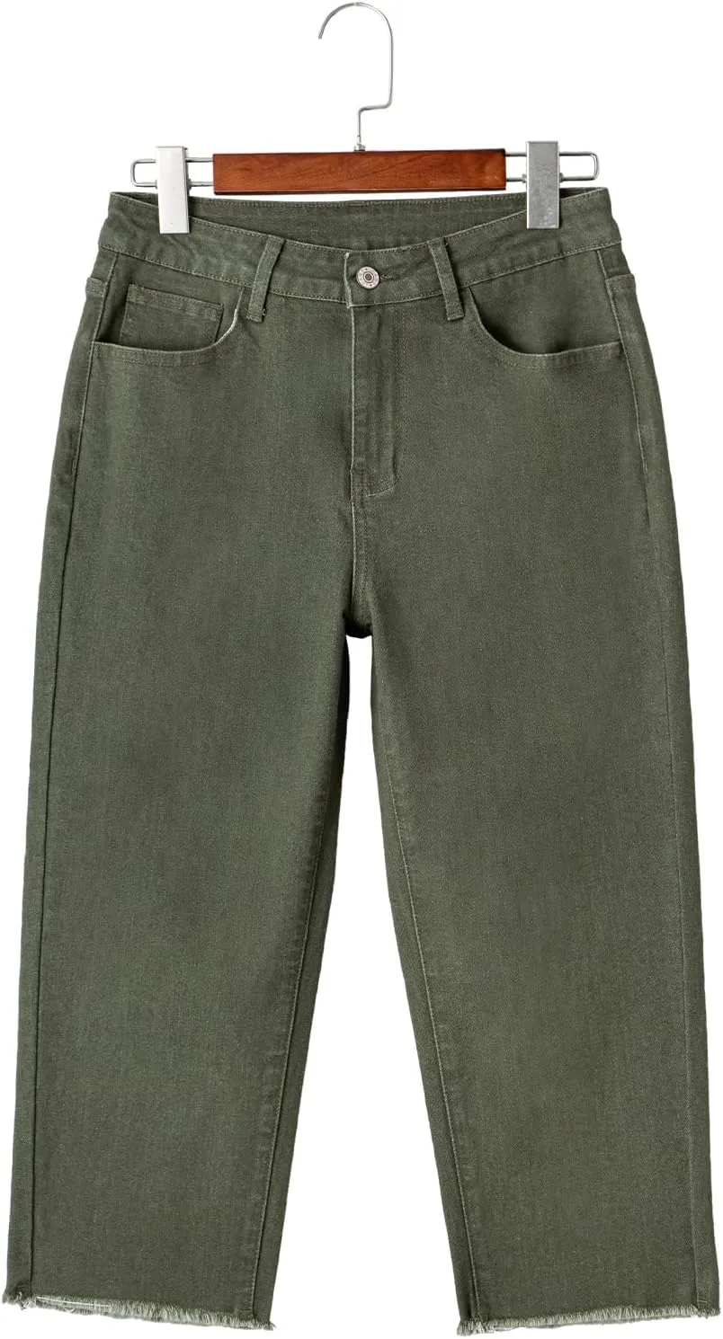 Sidefeel Women's Capri Jeans High Waisted 2025 Summer Fashion Straight Leg Raw Hem Denim Capri Pants