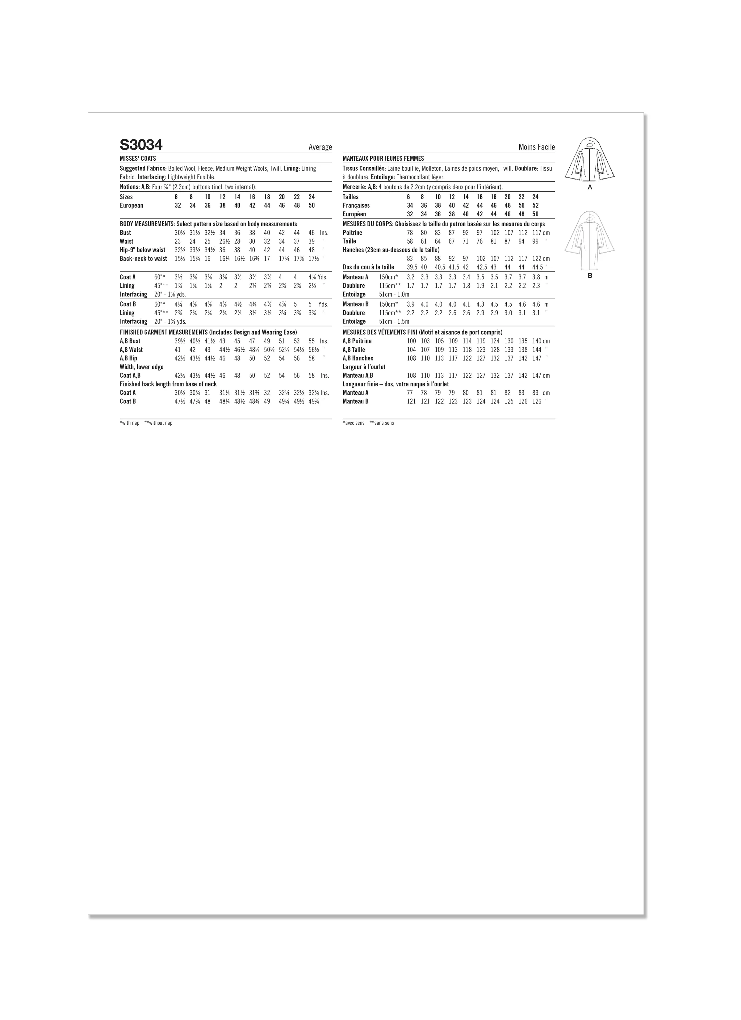 Simplicity sewing pattern S3034 Misses' Coats