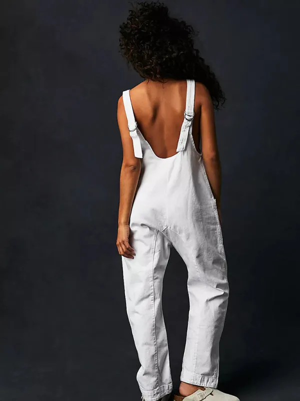 Solid Cotton Bib Overalls Utility Jumpsuit for Everyday Wear