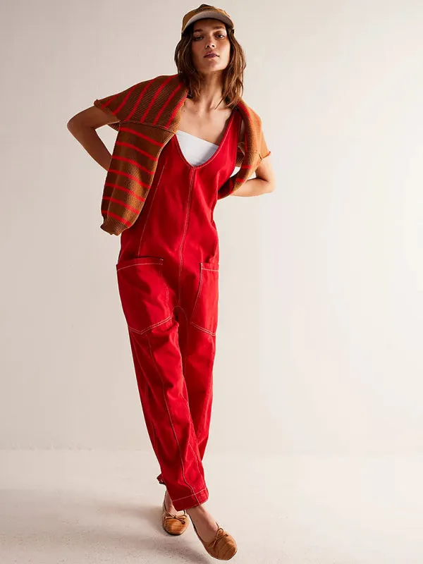 Solid Cotton Bib Overalls Utility Jumpsuit for Everyday Wear