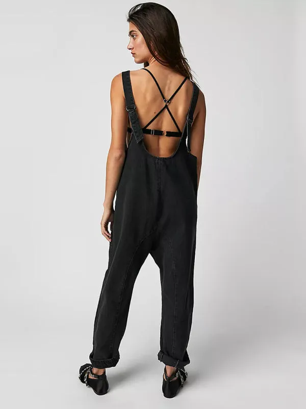 Solid Cotton Bib Overalls Utility Jumpsuit for Everyday Wear