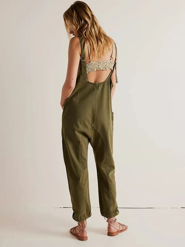 Solid Cotton Bib Overalls Utility Jumpsuit for Everyday Wear