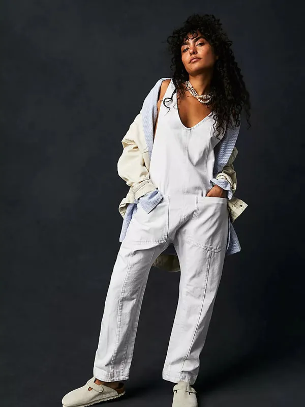 Solid Cotton Bib Overalls Utility Jumpsuit for Everyday Wear