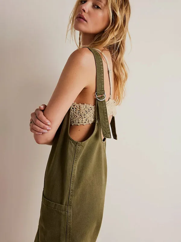 Solid Cotton Bib Overalls Utility Jumpsuit for Everyday Wear