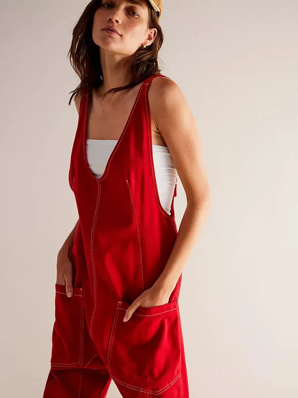 Solid Cotton Bib Overalls Utility Jumpsuit for Everyday Wear