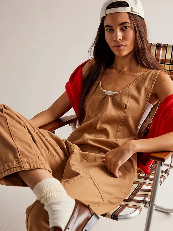 Solid Cotton Bib Overalls Utility Jumpsuit for Everyday Wear