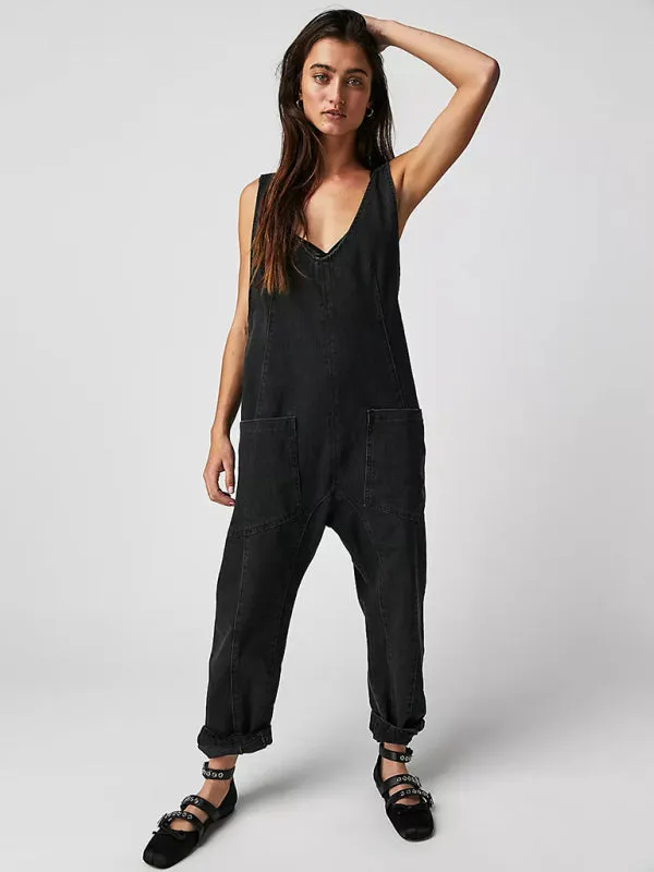 Solid Cotton Bib Overalls Utility Jumpsuit for Everyday Wear