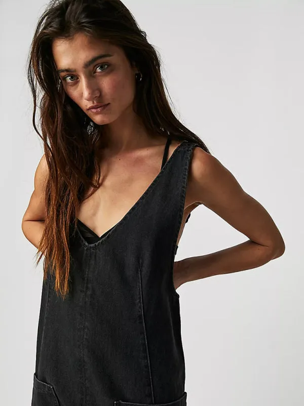 Solid Cotton Bib Overalls Utility Jumpsuit for Everyday Wear