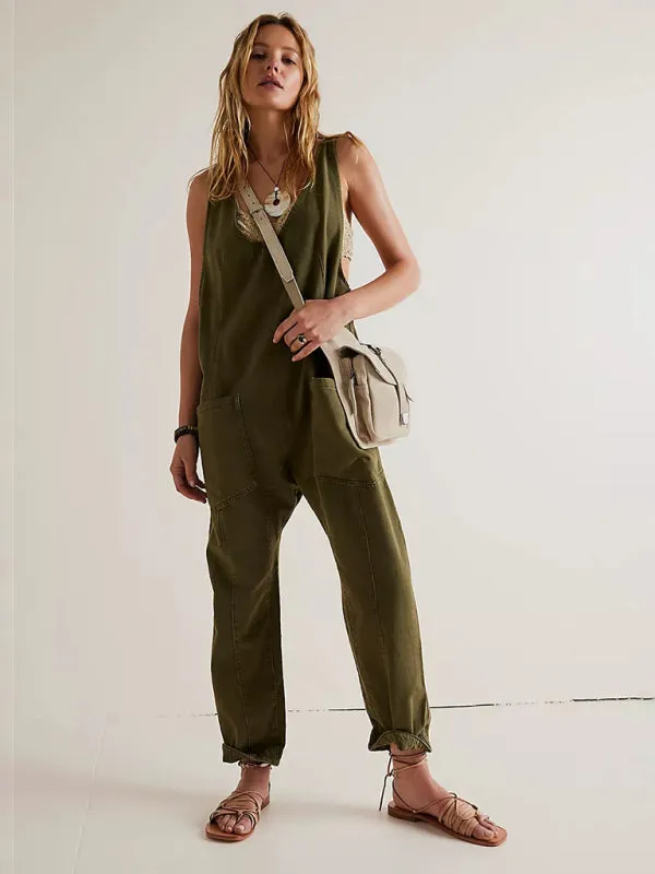 Solid Cotton Bib Overalls Utility Jumpsuit for Everyday Wear