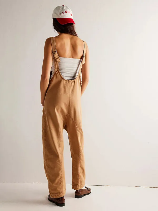Solid Cotton Bib Overalls Utility Jumpsuit for Everyday Wear