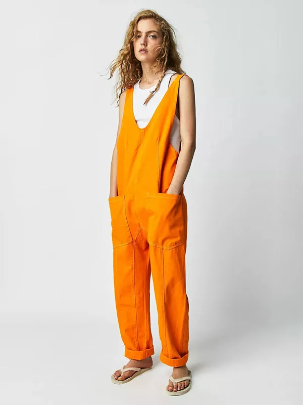 Solid Cotton Bib Overalls Utility Jumpsuit for Everyday Wear
