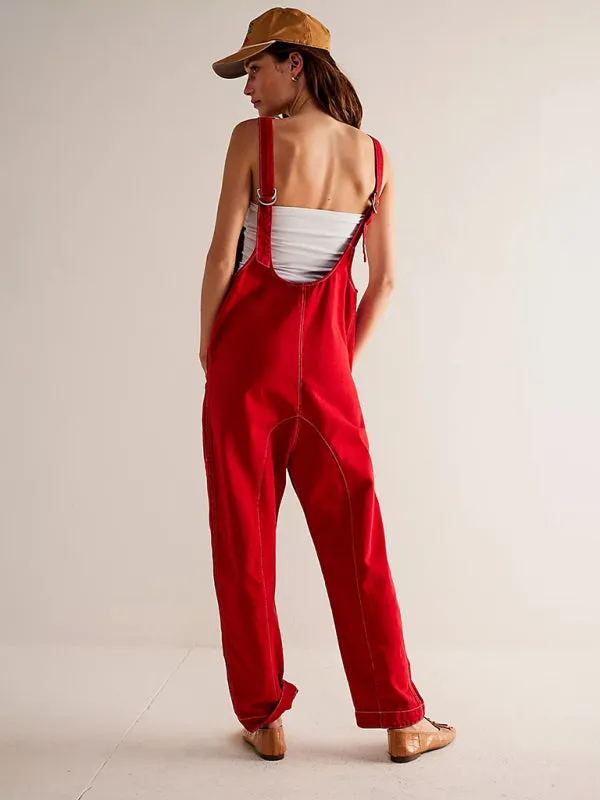 Solid Cotton Bib Overalls Utility Jumpsuit for Everyday Wear