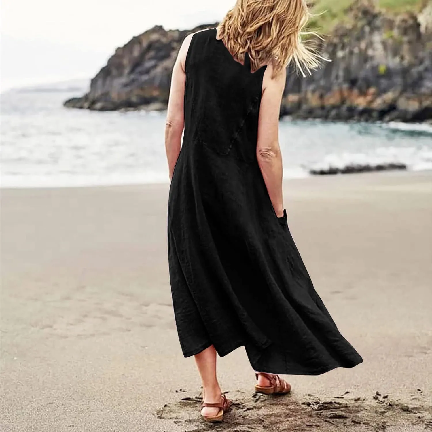 Summer Dresses for Women 2025,Linen Summer Sleeveless Solid Casual Baggy Flowy Maxi Vacation Long Dresses with Pockets
