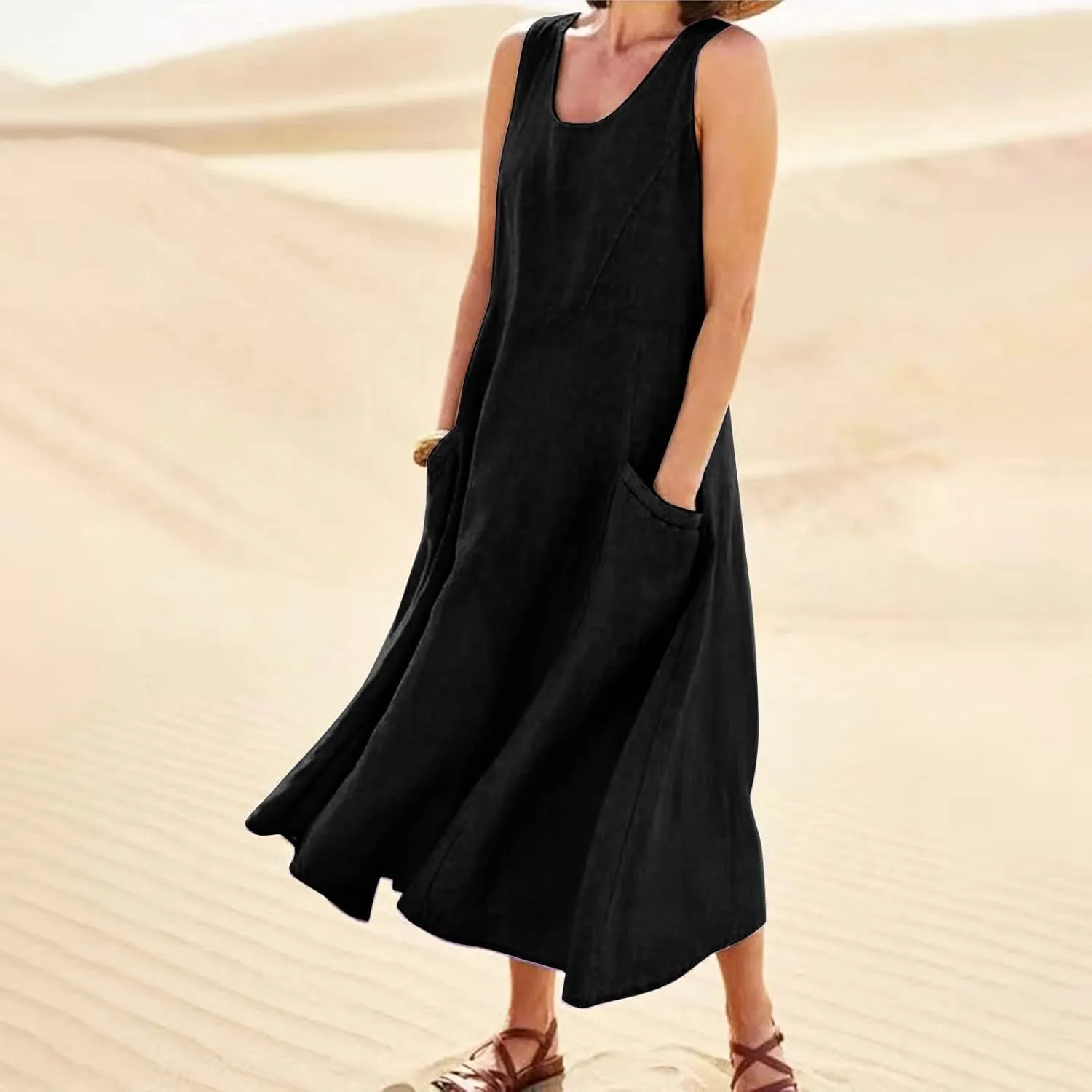 Summer Dresses for Women 2025,Linen Summer Sleeveless Solid Casual Baggy Flowy Maxi Vacation Long Dresses with Pockets