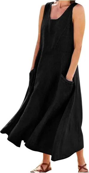 Summer Dresses for Women 2025,Linen Summer Sleeveless Solid Casual Baggy Flowy Maxi Vacation Long Dresses with Pockets