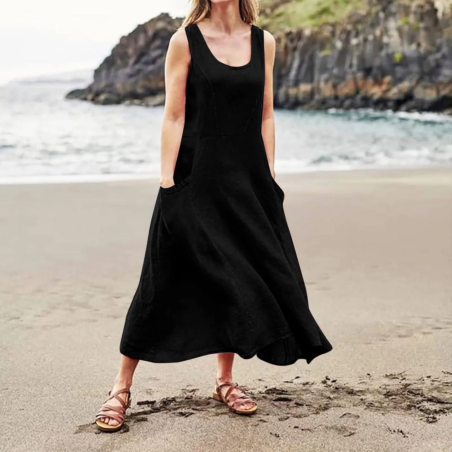 Summer Dresses for Women 2025,Linen Summer Sleeveless Solid Casual Baggy Flowy Maxi Vacation Long Dresses with Pockets