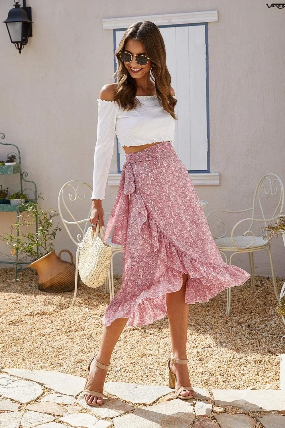 ThCreasa Womens Boho Floral Print High Waisted Wrap Skirts Ruffle Hem Tie Knot Summer Chiffon Flowy Midi Skirts