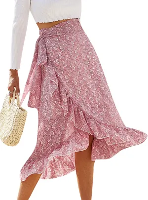 ThCreasa Womens Boho Floral Print High Waisted Wrap Skirts Ruffle Hem Tie Knot Summer Chiffon Flowy Midi Skirts