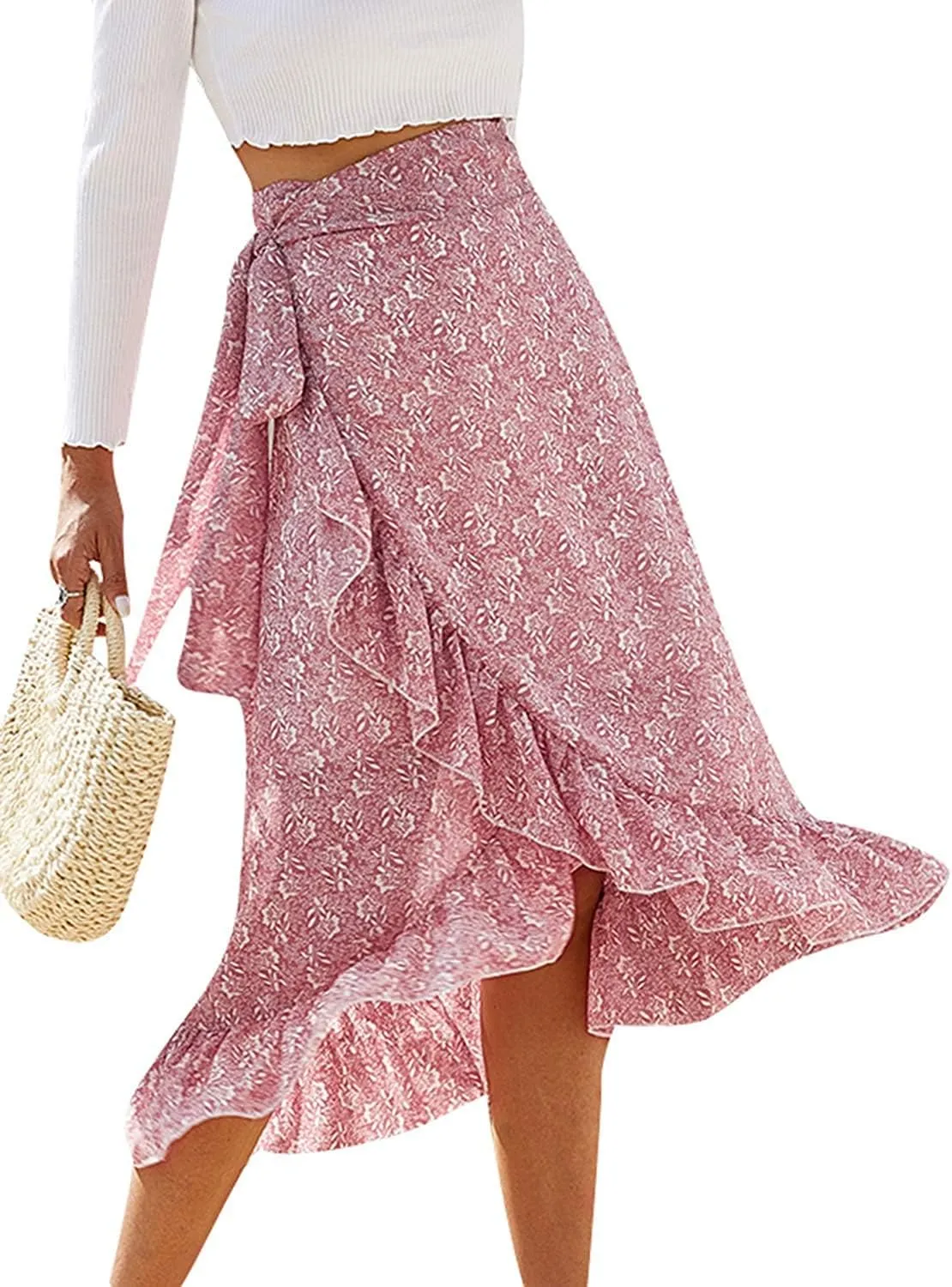 ThCreasa Womens Boho Floral Print High Waisted Wrap Skirts Ruffle Hem Tie Knot Summer Chiffon Flowy Midi Skirts