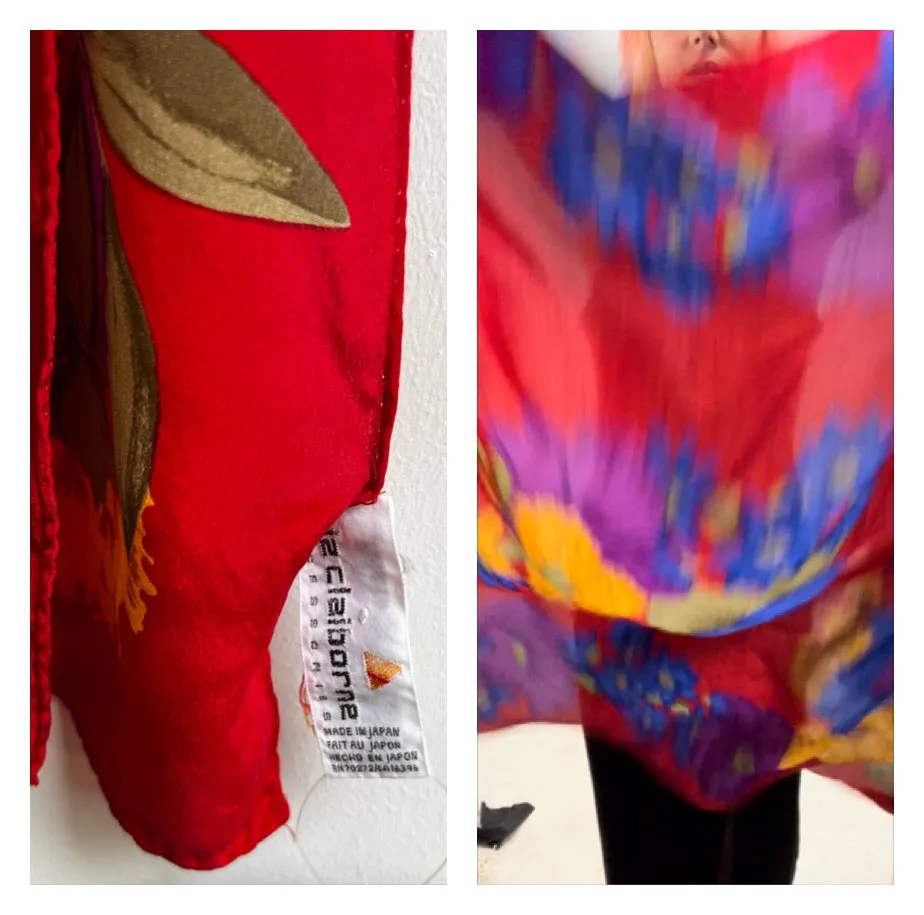 Vintage 80s 90s | Red Liz Claiborne Floral Print Colorful Large Silk Scarf