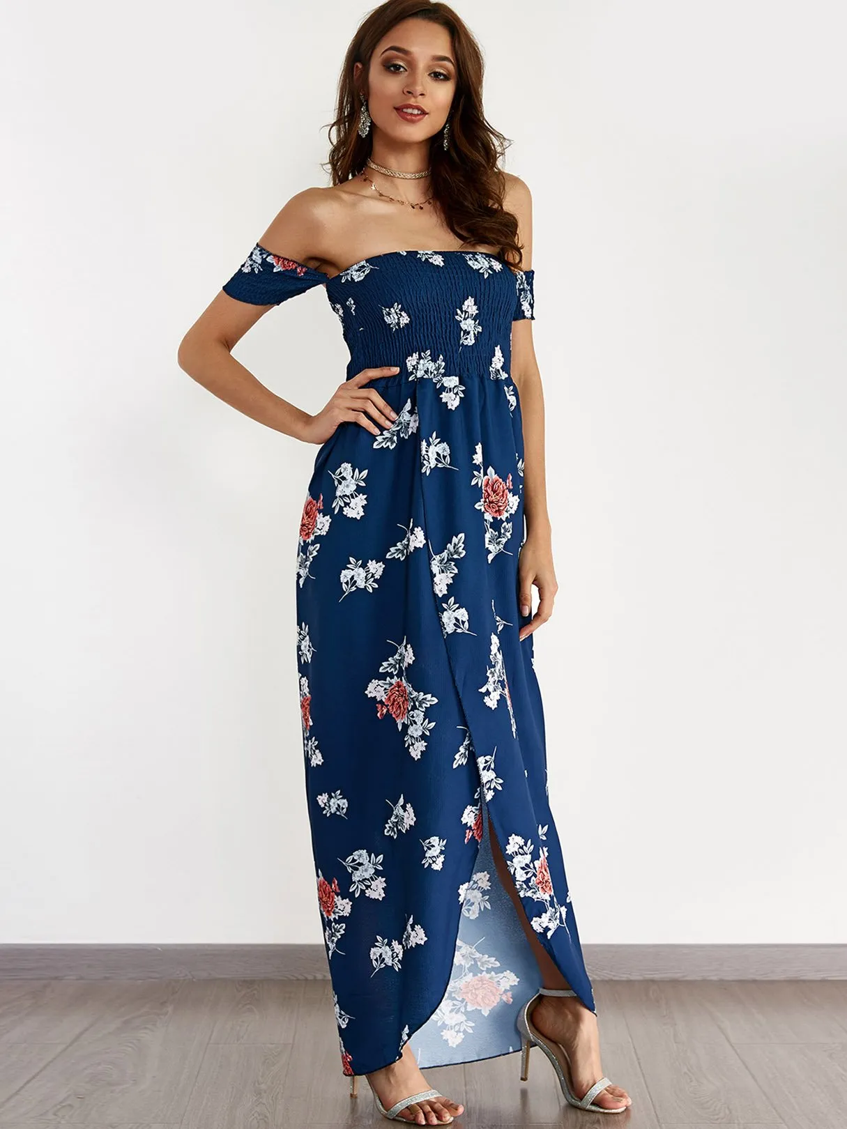 Wholesale Navy Off The Shoulder Short Sleeve Floral Print Backless Slit Hem Beach Dress